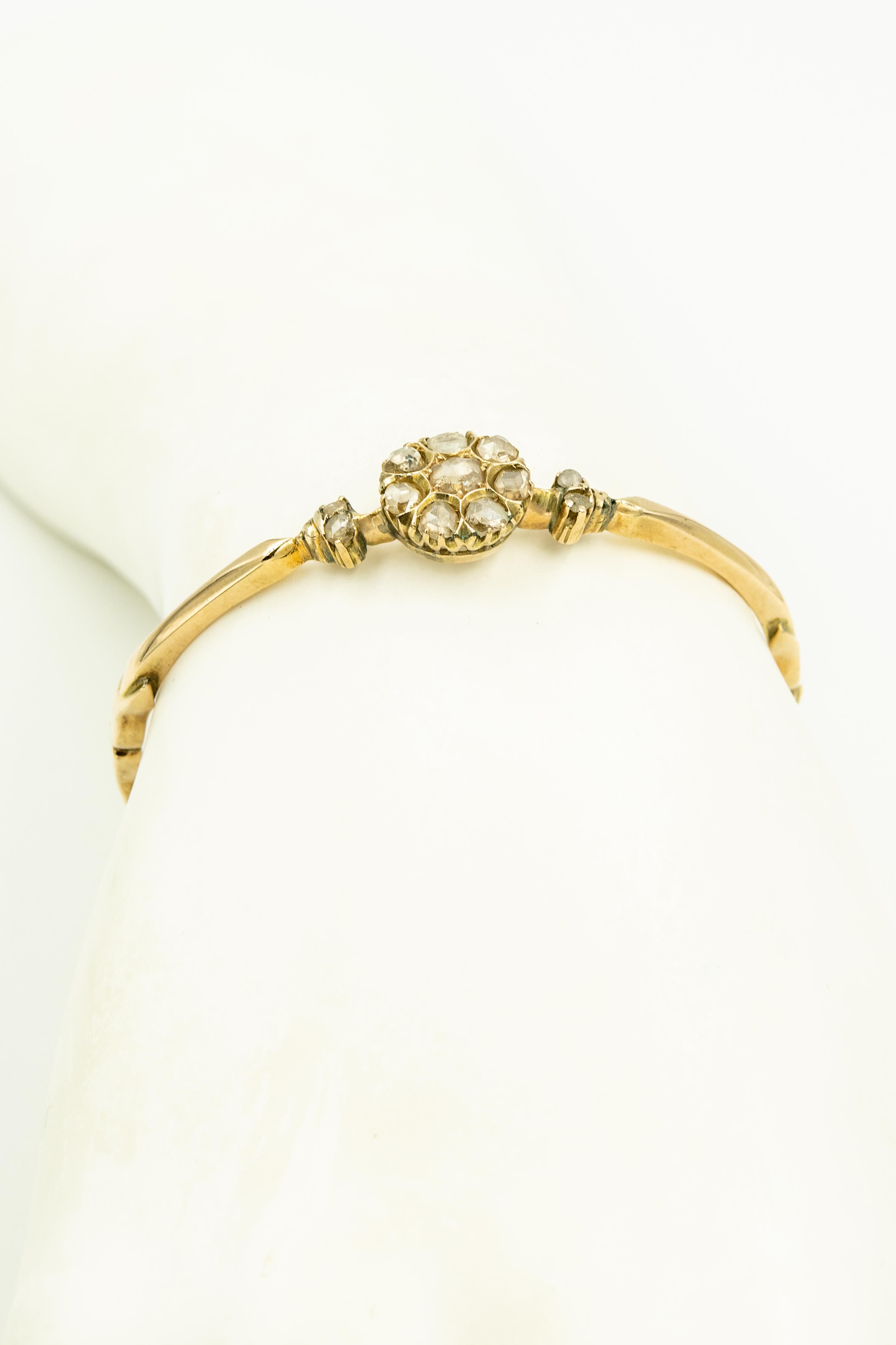 Antique Victorian Floral Rose Cut Diamond Gold Bangle Bracelet For Sale 1