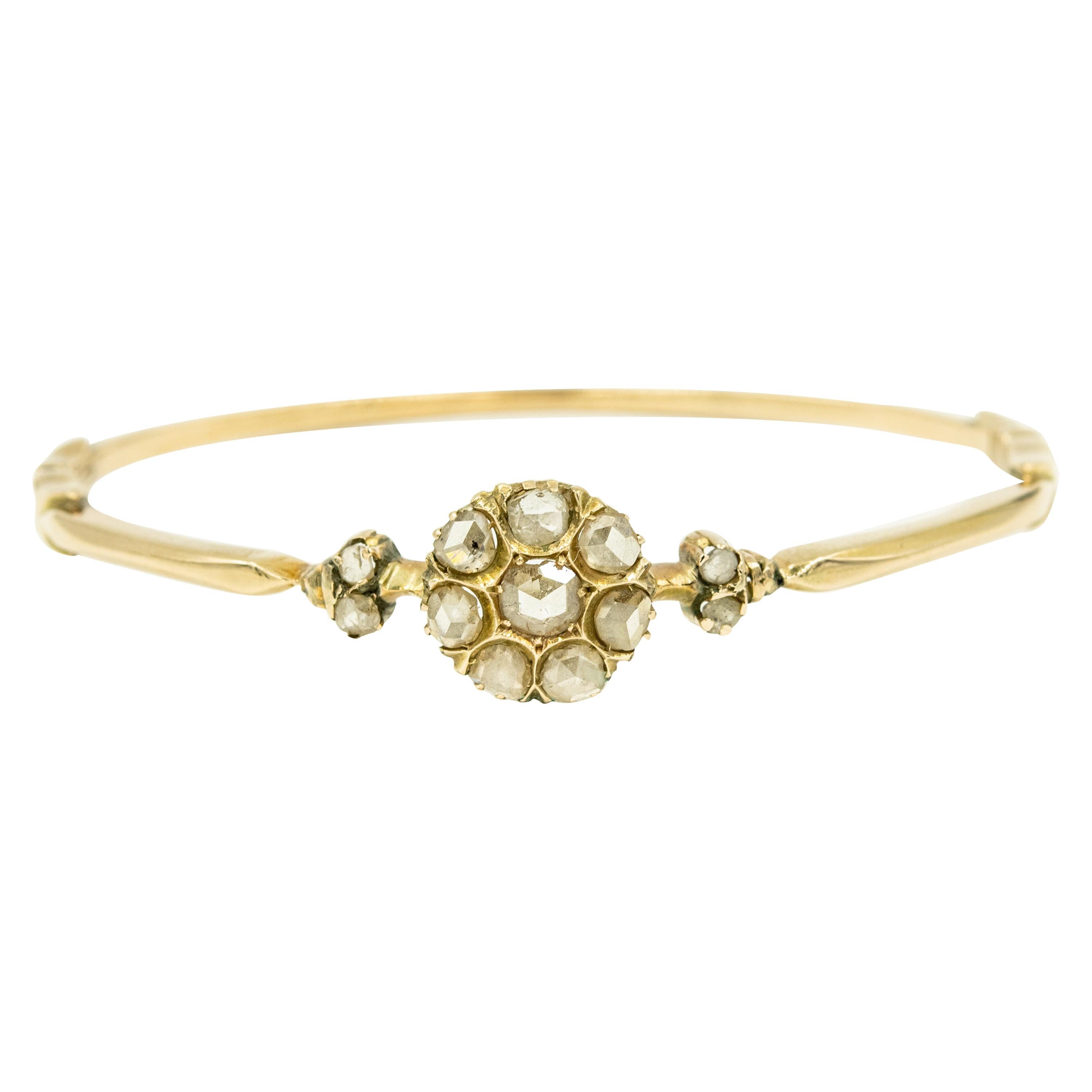 Antique Victorian Floral Rose Cut Diamond Gold Bangle Bracelet