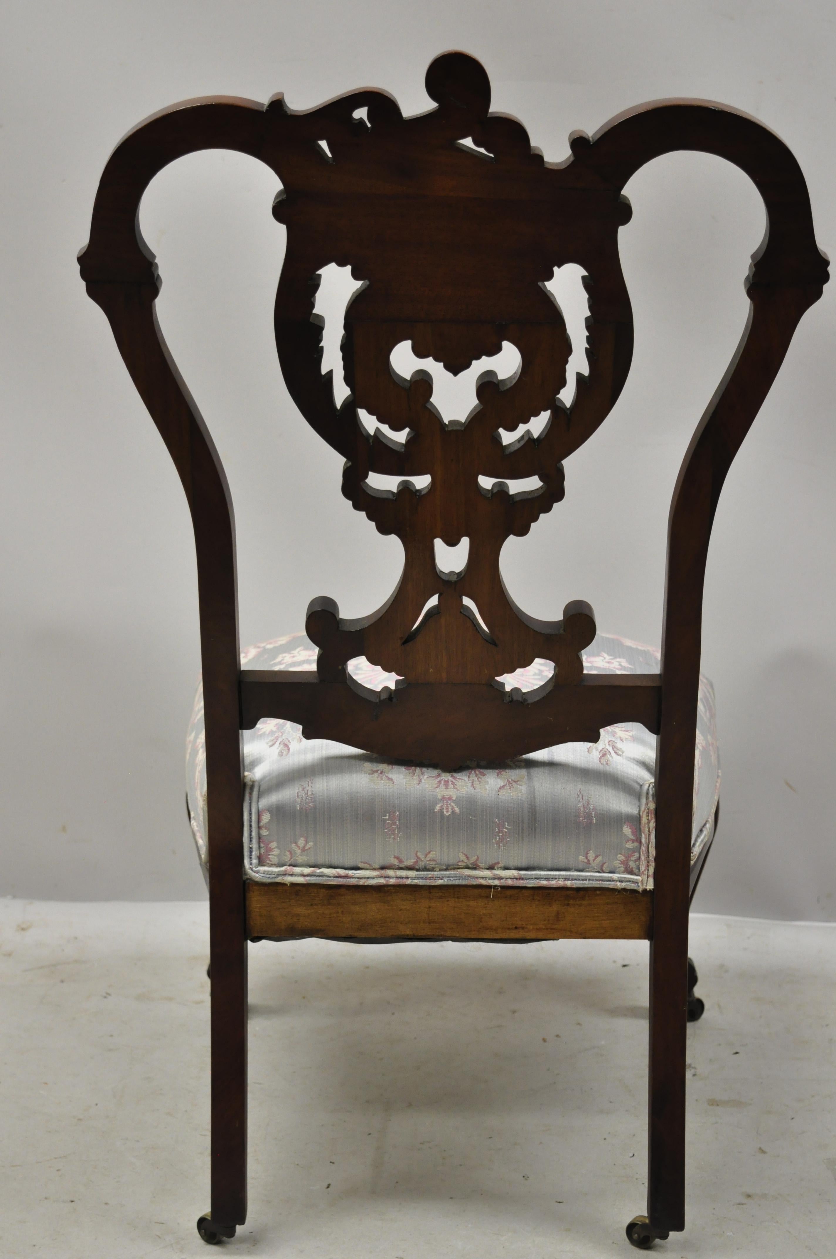 Antique Victorian Floral Scrollwork Carved Mahogany Parlor Accent Slipper Chair For Sale 3