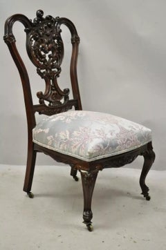 Antique Victorian Floral Scrollwork Carved Mahogany Parlor Accent Slipper Chair