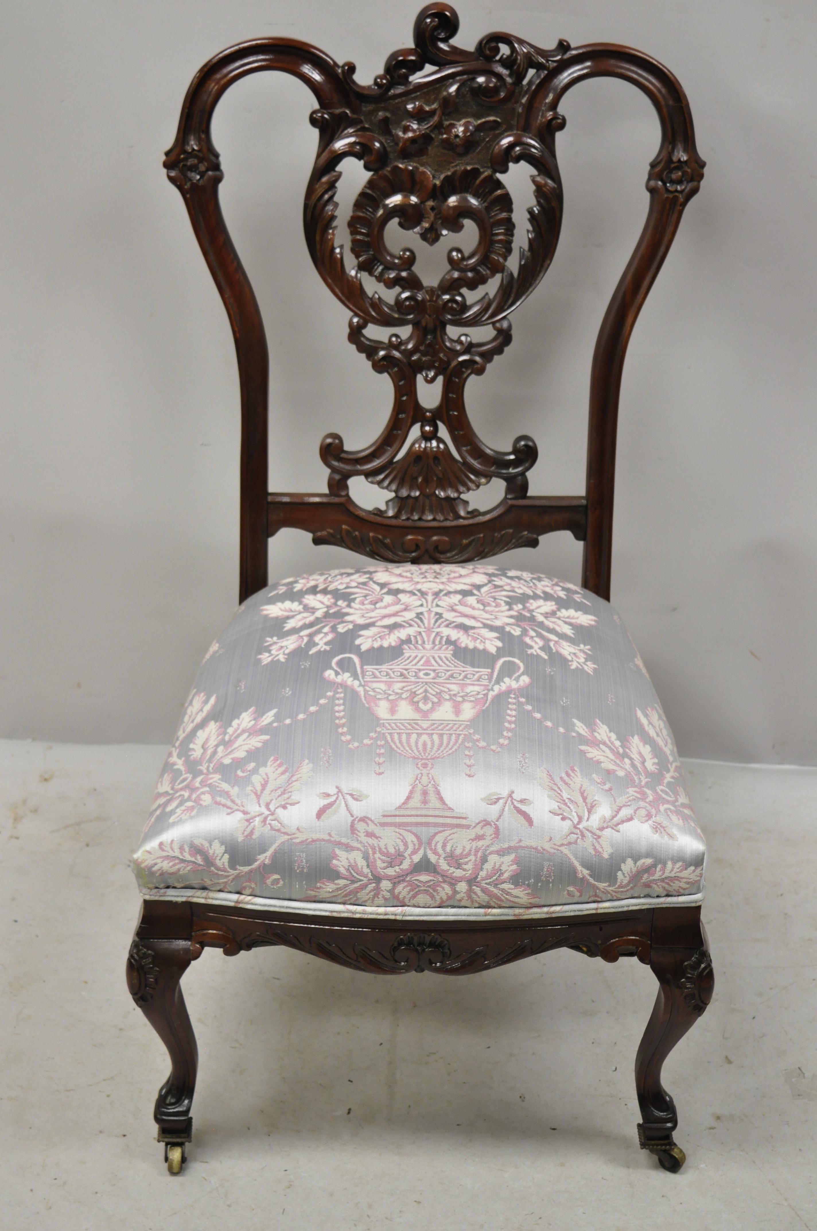 Fabric Antique Victorian Floral Scrollwork Carved Mahogany Parlor Accent Slipper Chair For Sale