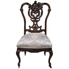 Antique Victorian Floral Scrollwork Carved Mahogany Parlor Accent Slipper Chair