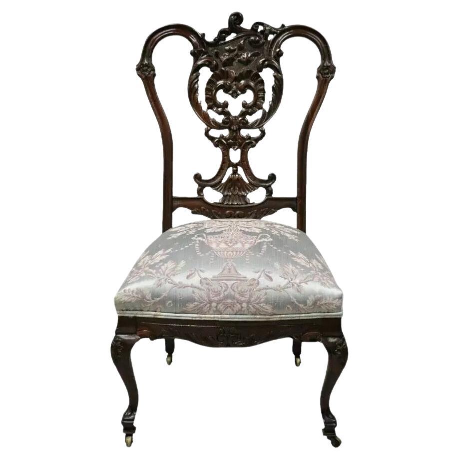 Antique Victorian Floral Scrollwork Carved Mahogany Parlor Accent Slipper Chair