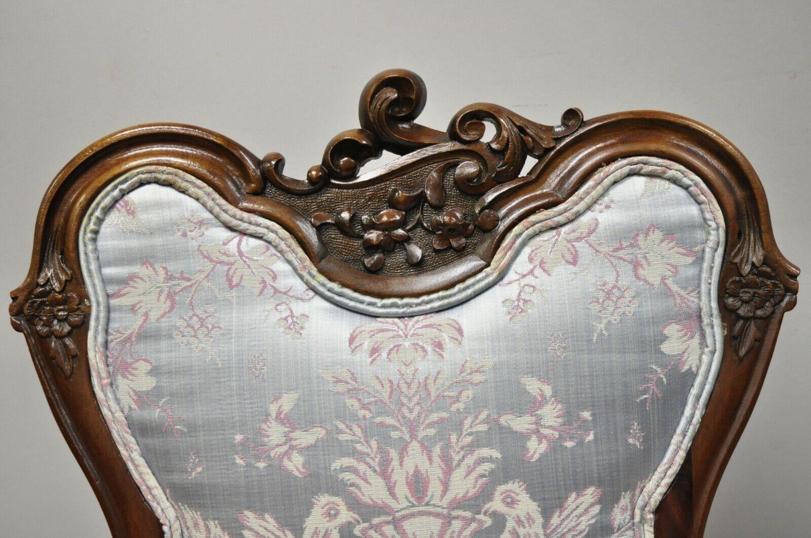 North American Antique Victorian Floral Scrollwork Carved Mahogany Parlor Side Chairs, a Pair