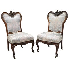 Antique Victorian Floral Scrollwork Carved Mahogany Parlor Side Chairs, a Pair