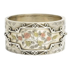 Antique Victorian Floral Silver with Applied Gold Cuff Bangle