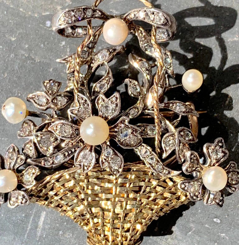 Old European Cut Antique Victorian Flower Bouquet Brooch Pendant Diamonds Pearls Yellow+Red Gold For Sale