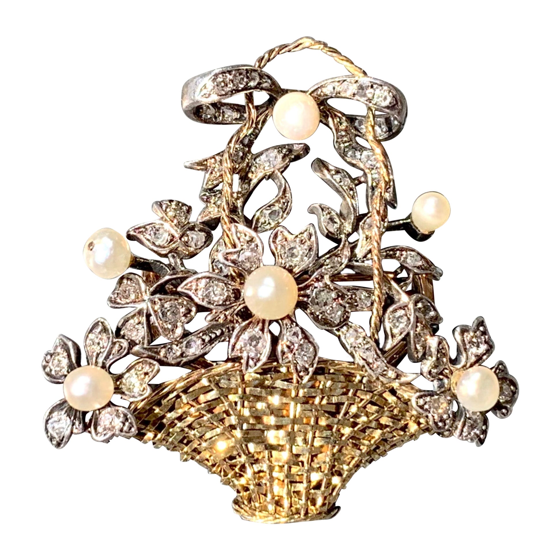 Antique Victorian Flower Bouquet Brooch Pendant Diamonds Pearls Yellow+Red Gold