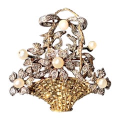 Antique Victorian Flower Bouquet Brooch Pendant Diamonds Pearls Yellow+Red Gold