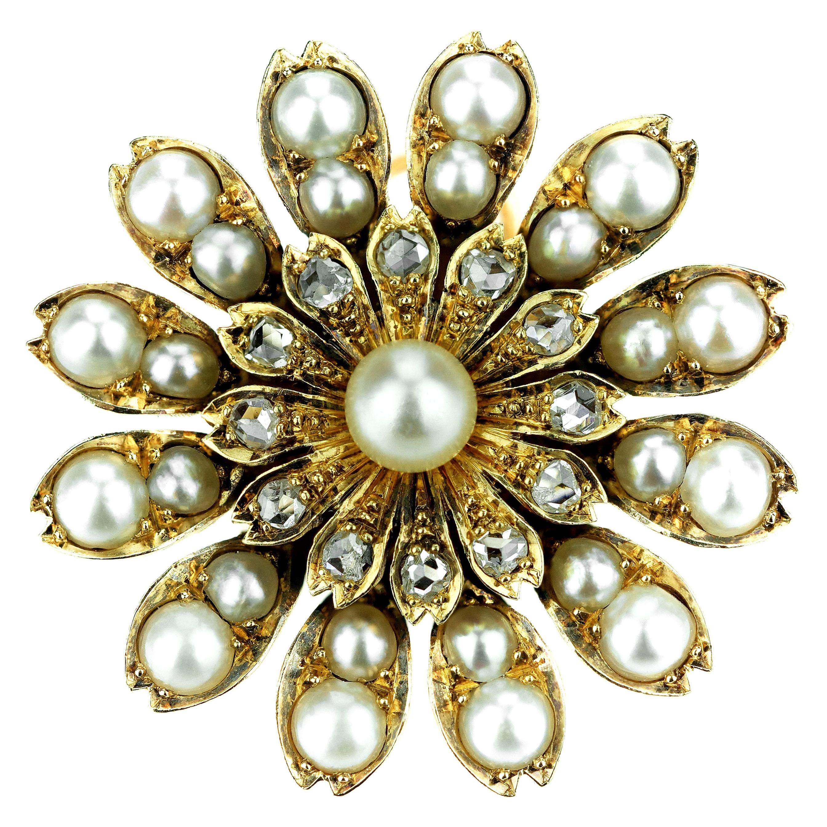 Antique Victorian Flower Brooch/Pendant with Natural Pearl and Rose Cut Diamonds