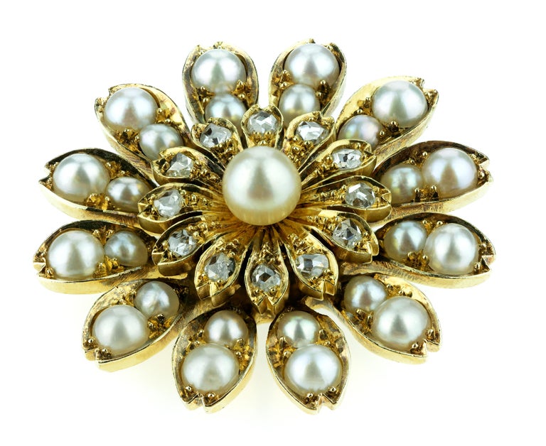 Antique Victorian Flower Brooch/Pendant with Natural Pearl and Rose Cut ...
