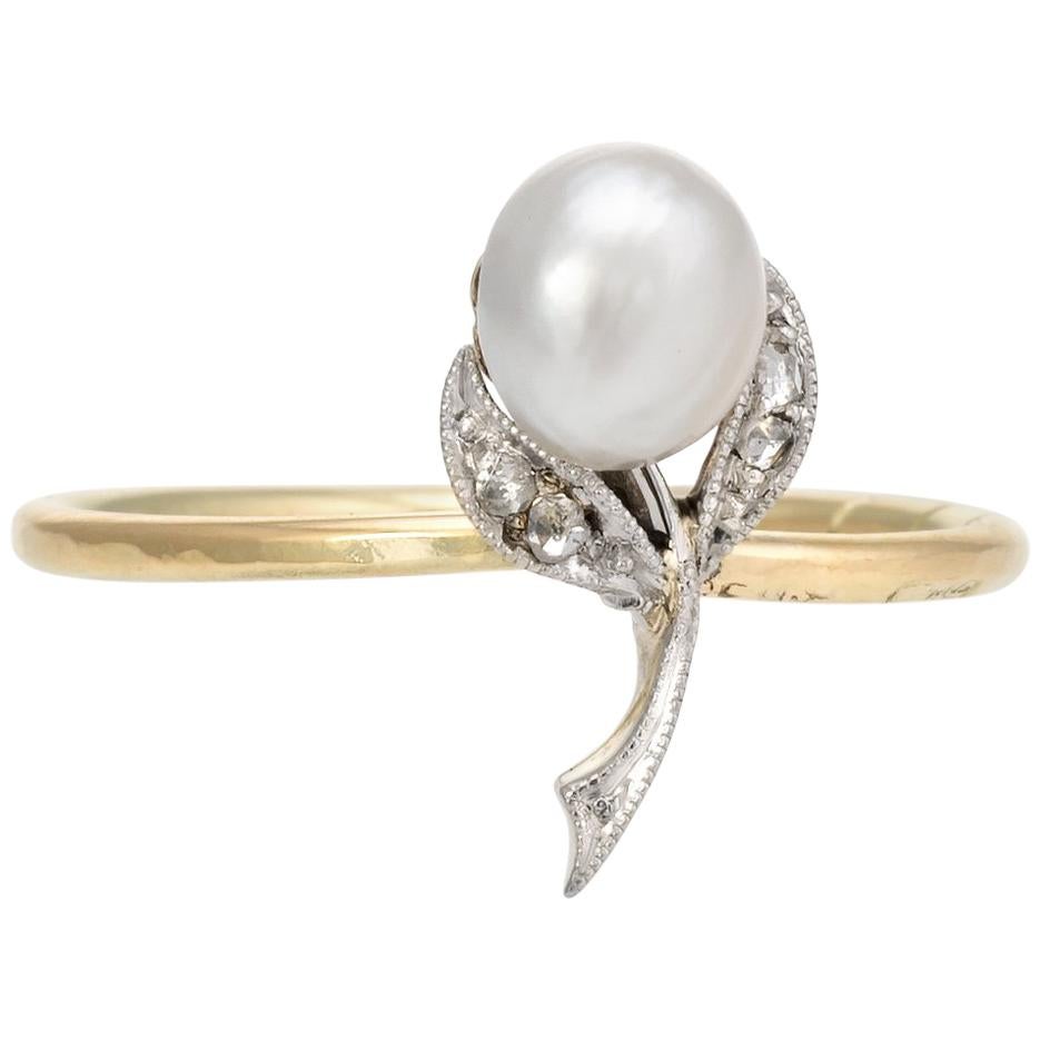 Antique Victorian Flower Conversion Ring Diamond Pearl 10 Karat Gold Jewelry