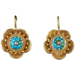 Antique Victorian Flower Earrings 18 Carat Gold Turquoise Diamond, circa 1880
