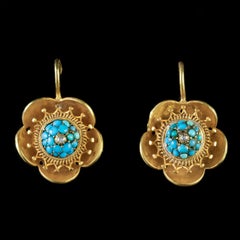 Antique Victorian Flower Earrings 18 Carat Gold Turquoise Diamond, circa 1880