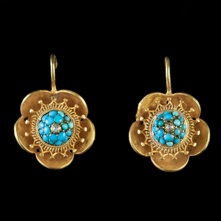 Antique Victorian Flower Earrings 18 Carat Gold Turquoise Diamond