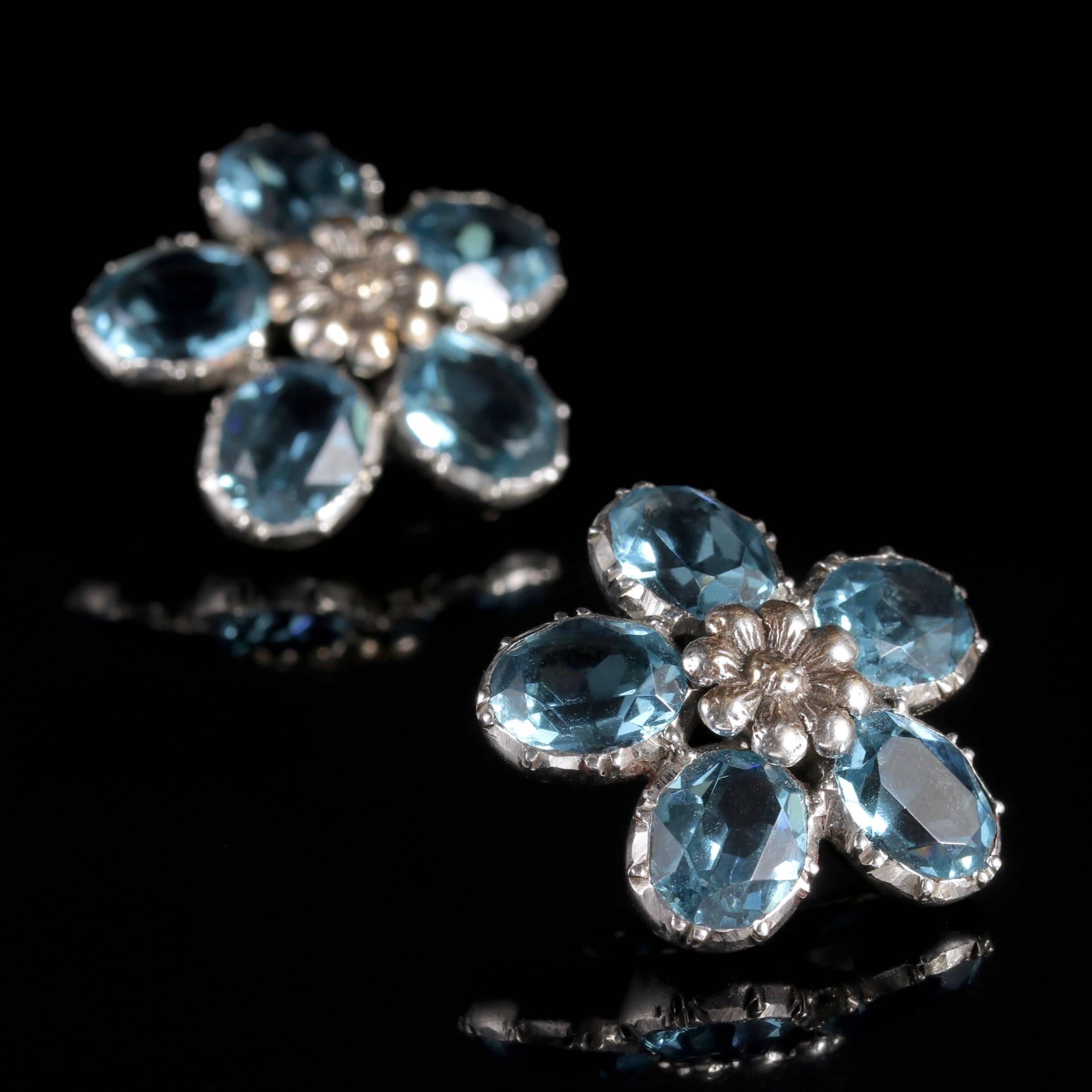 Antique Victorian Flower Earrings Blue Paste Silver, circa 1890 2