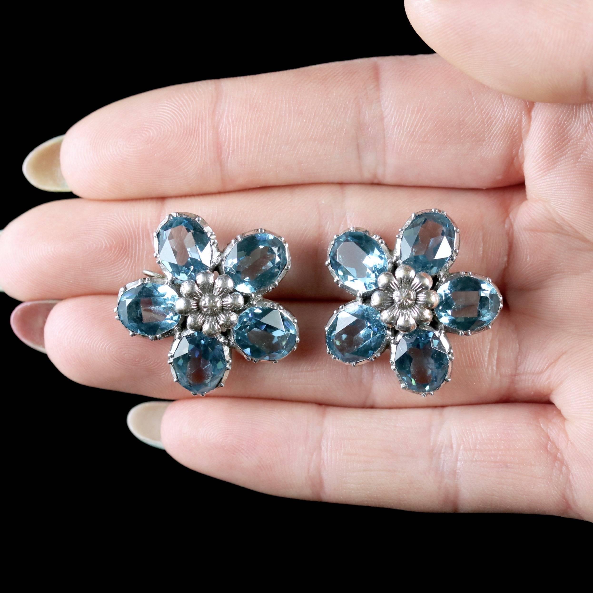 Antique Victorian Flower Earrings Blue Paste Silver, circa 1890 3