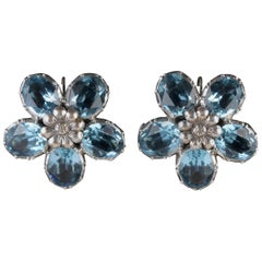 Antique Victorian Flower Earrings Blue Paste Silver, circa 1890