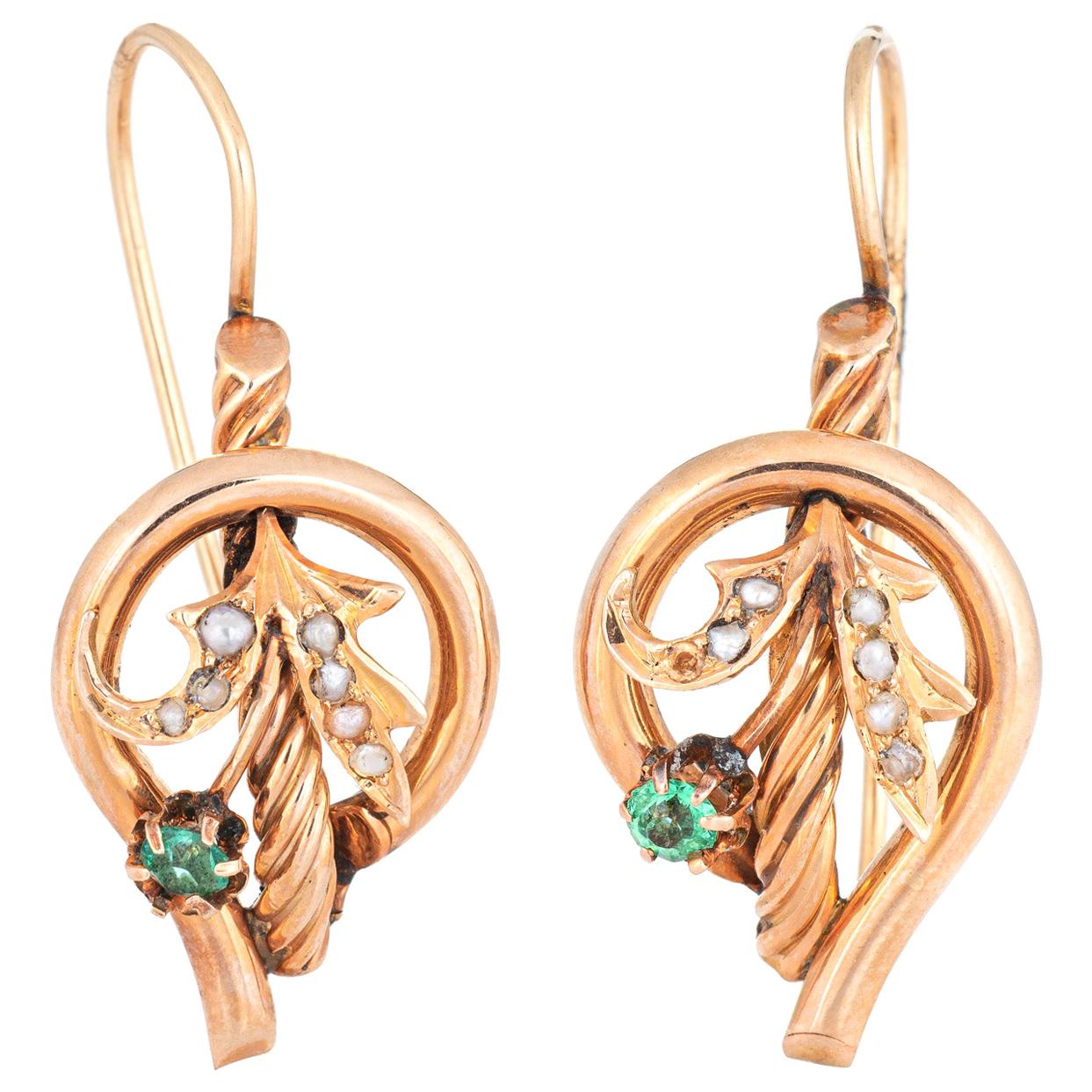 Antique Victorian Flower Earrings Vintage 10 Karat Gold Drops Seed Pearl Estate