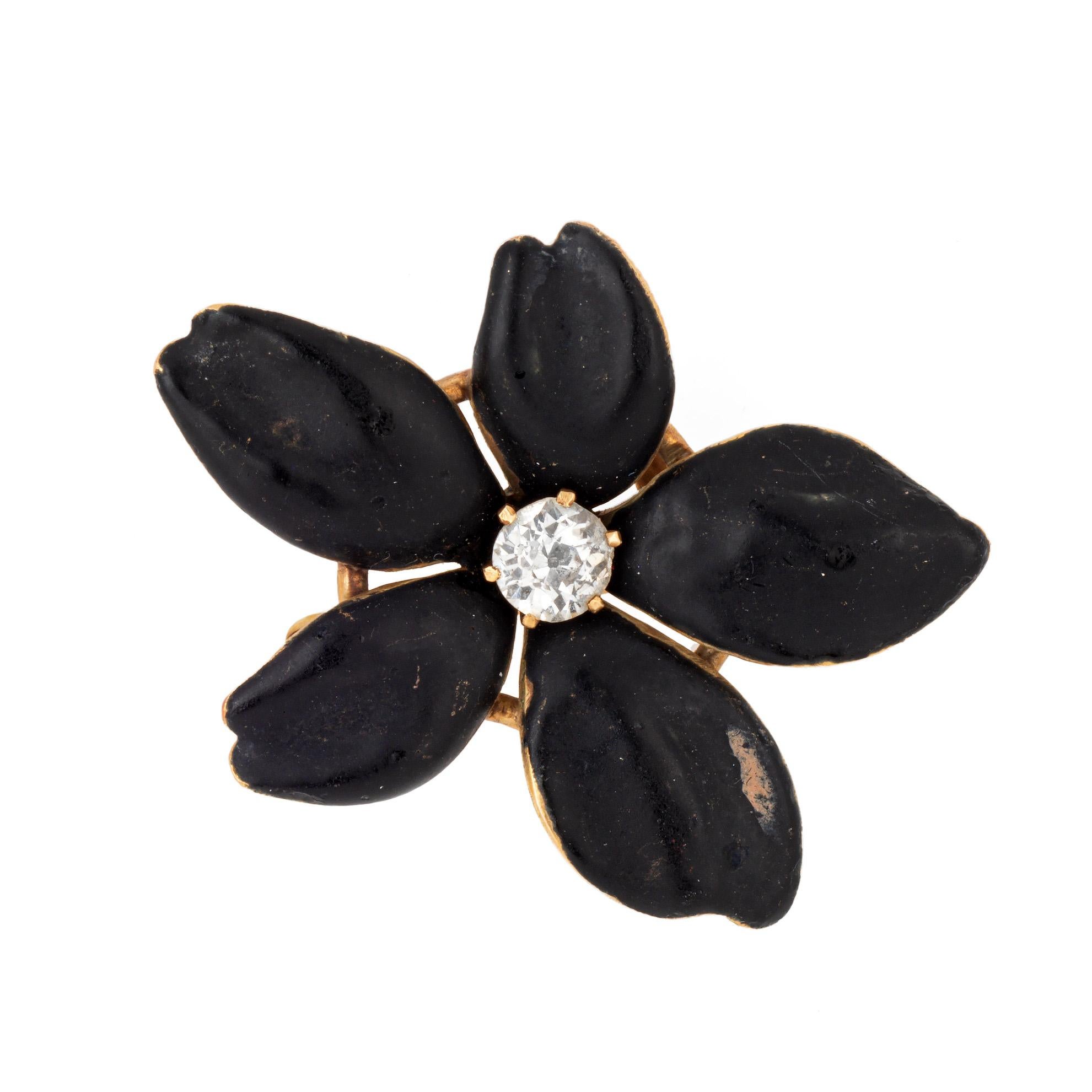 Round Cut Antique Victorian Flower Pendant Diamond 14k Gold Black Enamel Mourning Jewelry For Sale