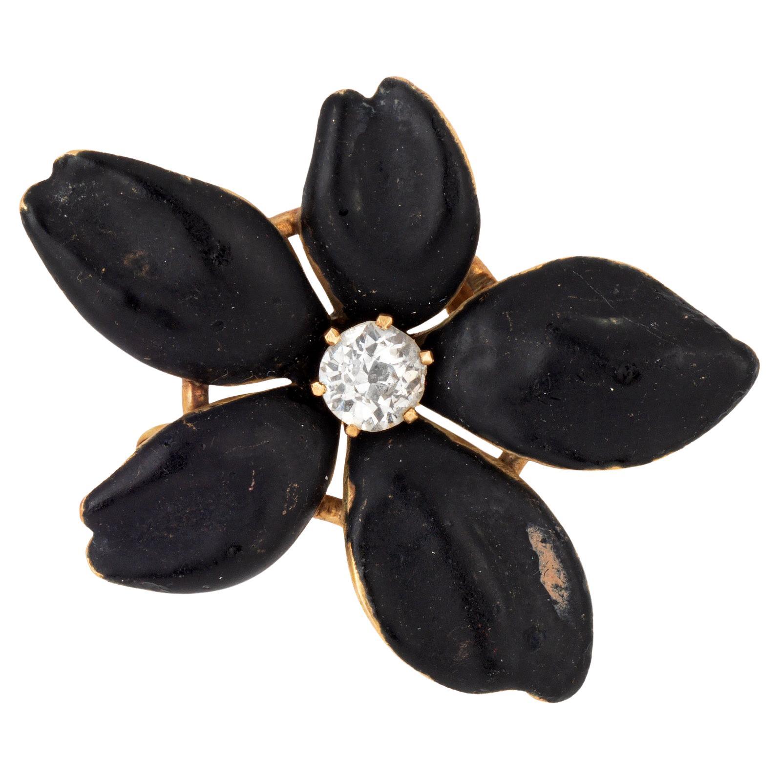 Antique Victorian Flower Pendant Diamond 14k Gold Black Enamel Mourning Jewelry