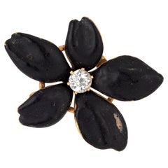 Antique Victorian Flower Pendant Diamond 14k Gold Black Enamel Mourning Jewelry