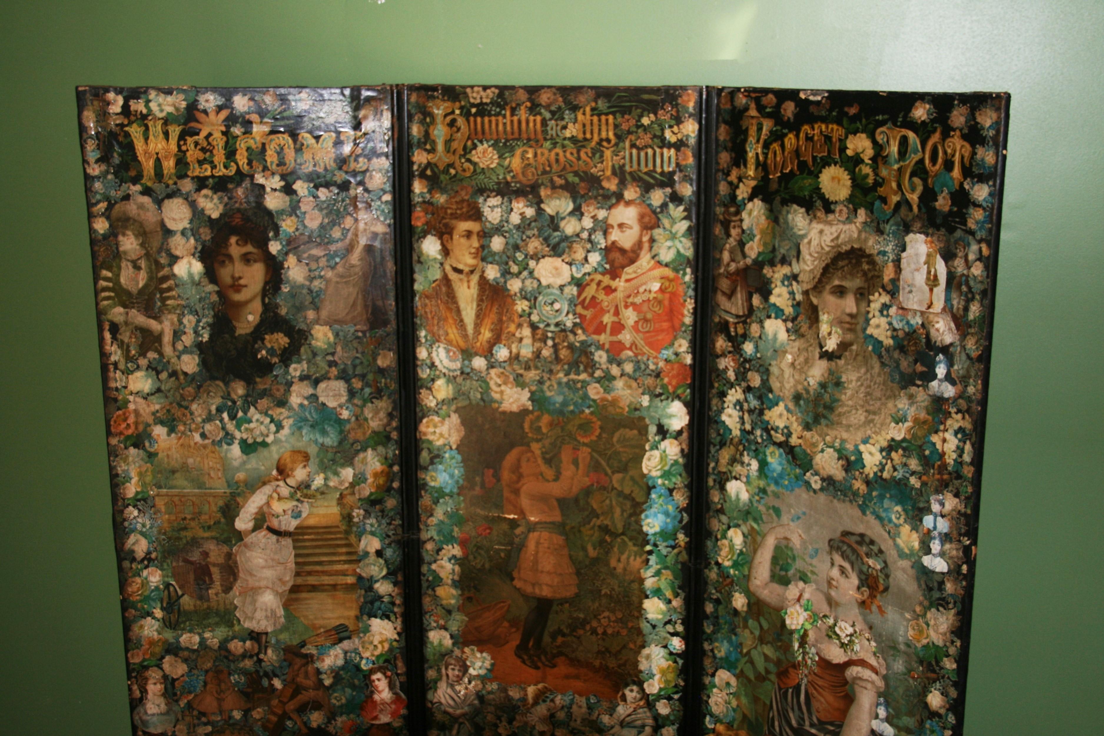 Antique Victorian Folding Decoupage Screen /Roomdivider In Good Condition For Sale In Douglas Manor, NY