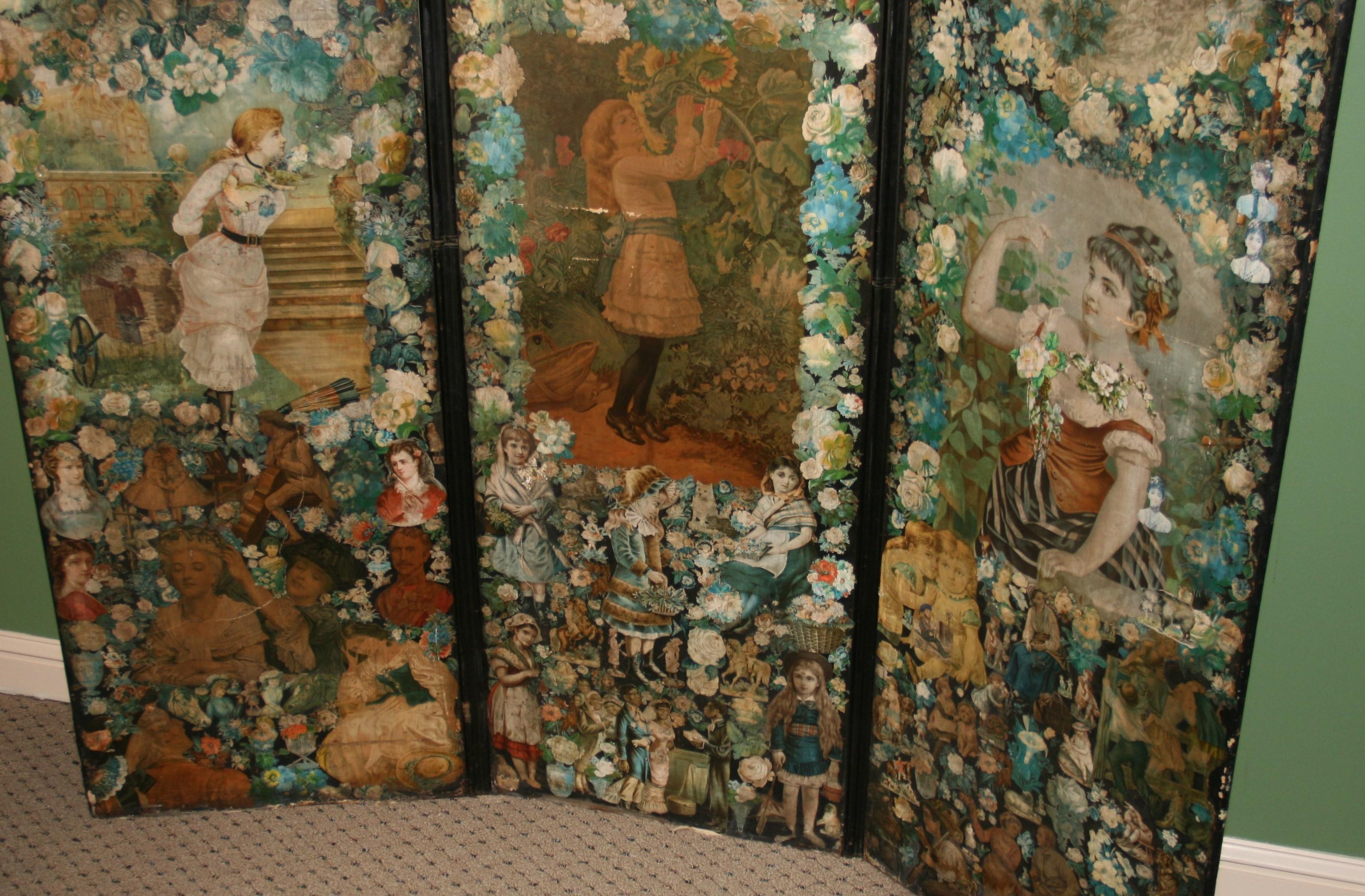 19th Century Antique Victorian Folding Decoupage Screen /Roomdivider For Sale