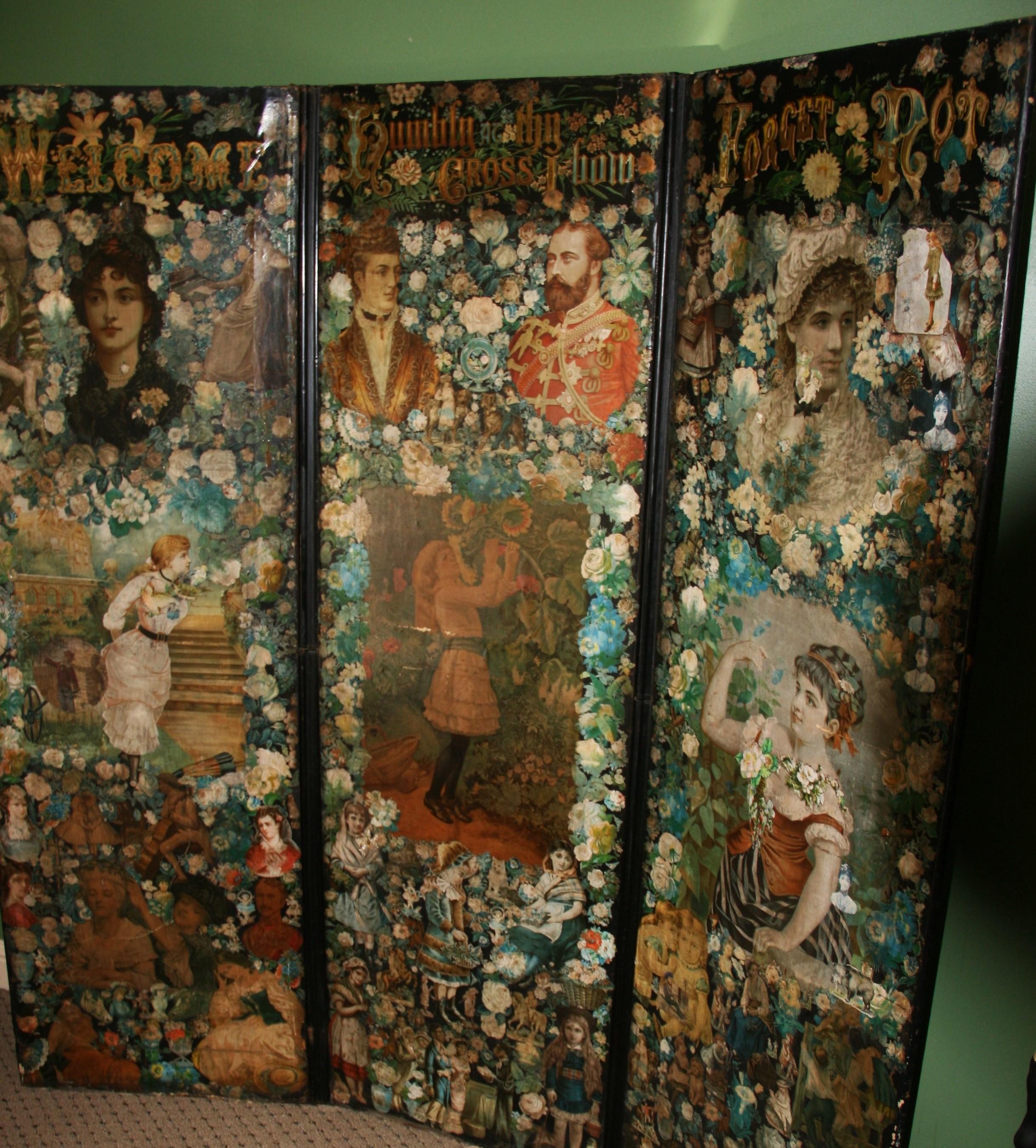 Hardwood Antique Victorian Folding Decoupage Screen /Roomdivider For Sale