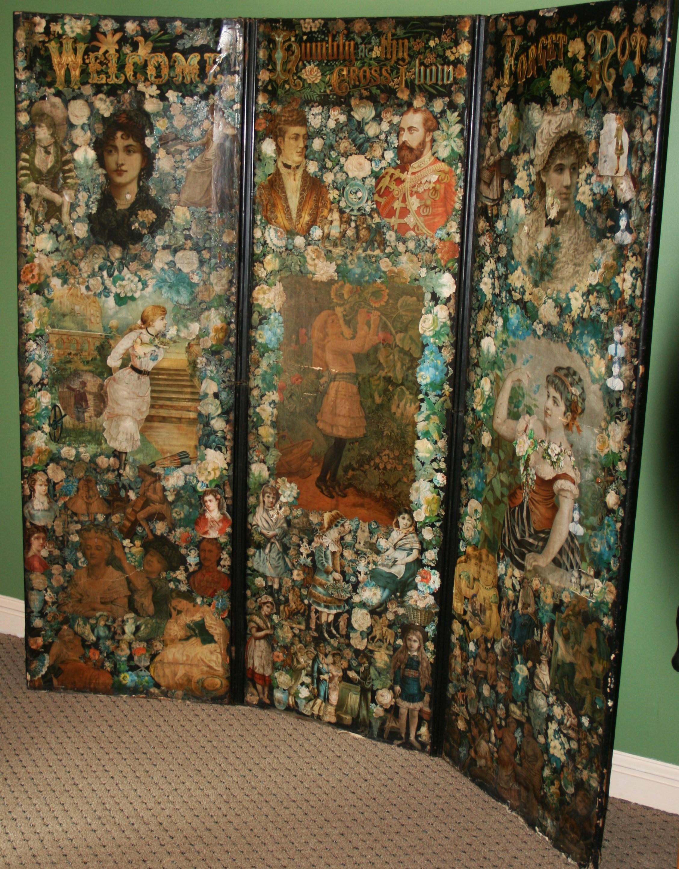 Antique Victorian Folding Decoupage Screen /Roomdivider For Sale 1