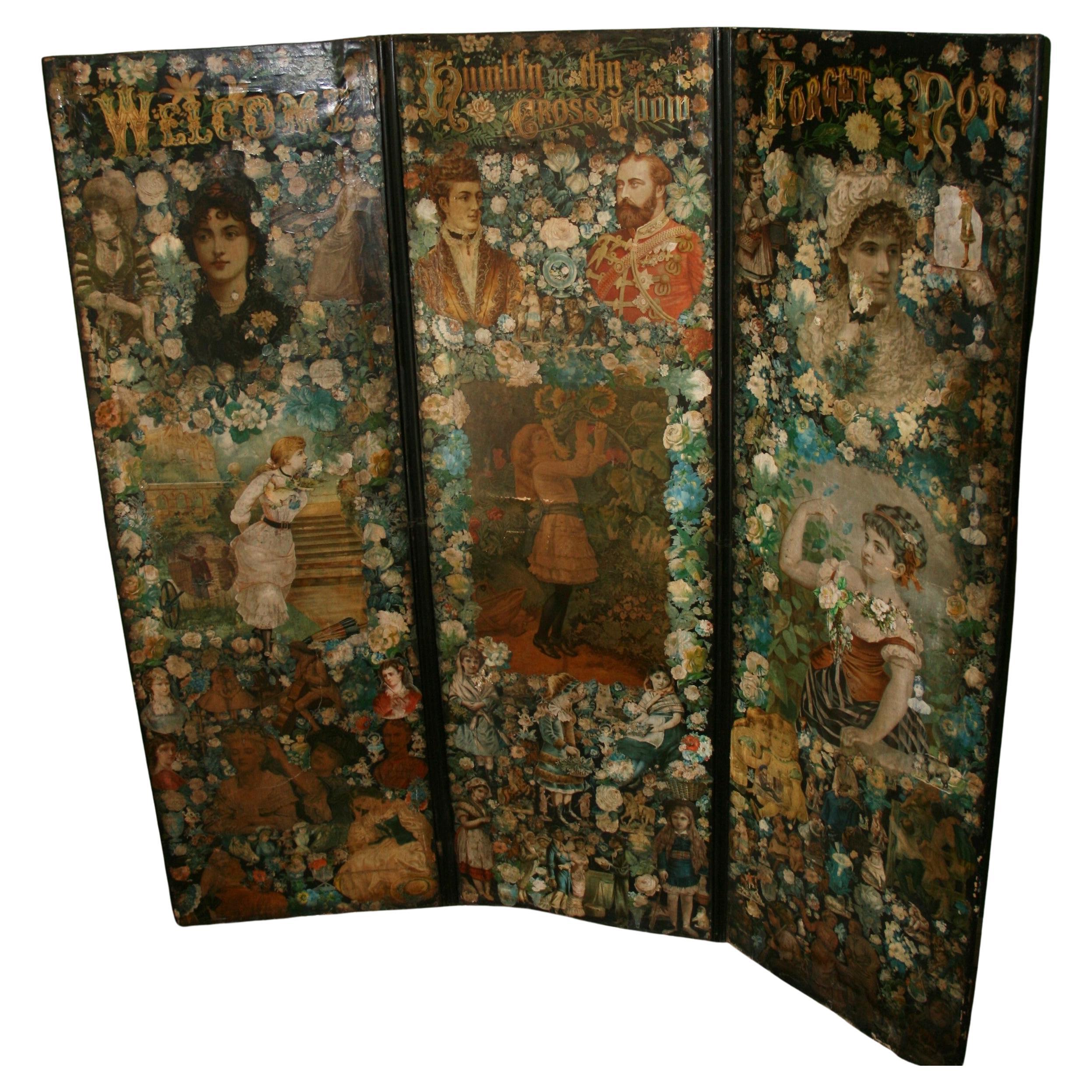 Antique Victorian Folding Decoupage Screen /Roomdivider