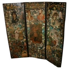 Antiguo biombo victoriano plegable de decoupage / separador de ambientes