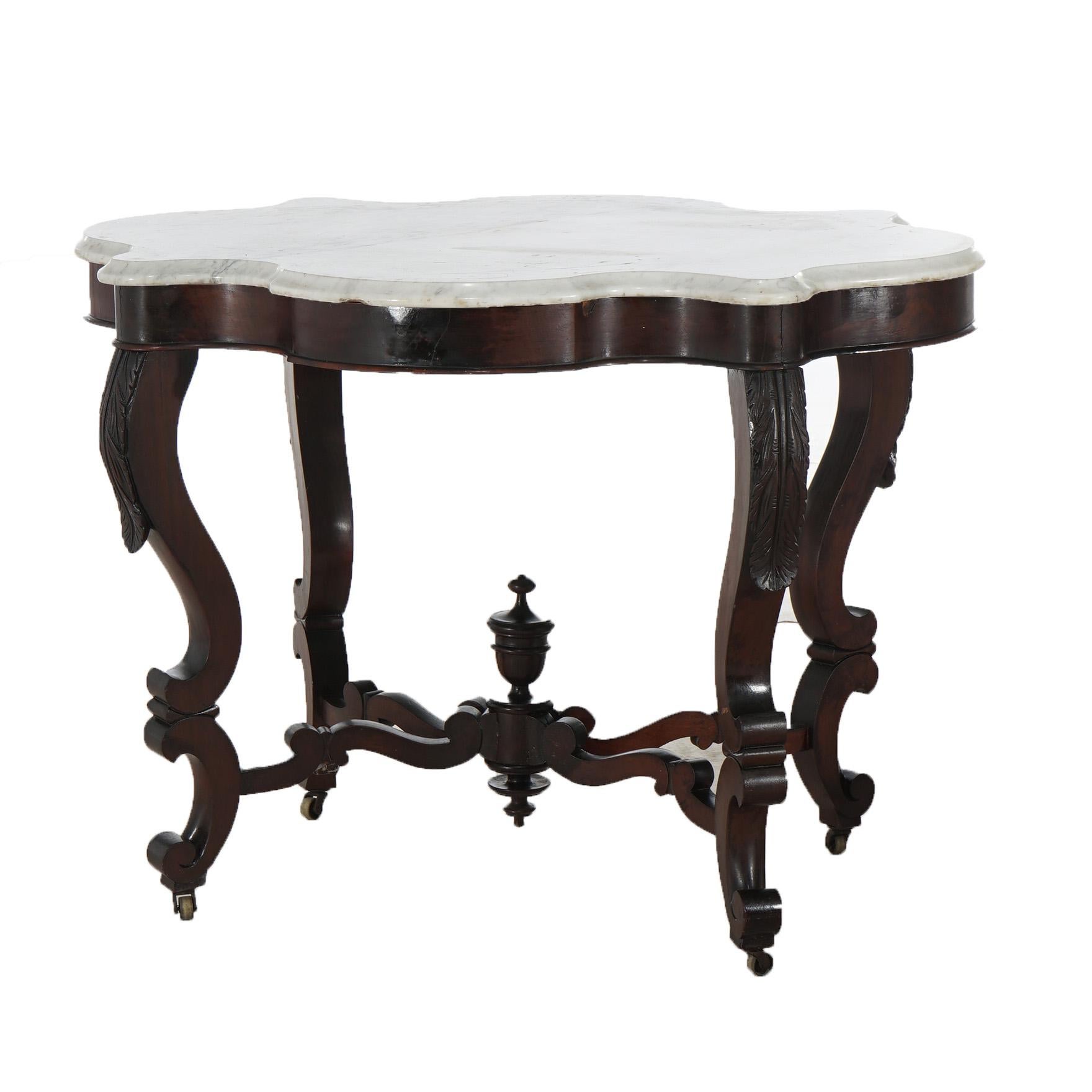 Antique Victorian Foliate Carved Walnut & Beveled Marble Turtle Top Table C1890 12