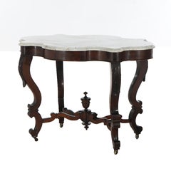Antique Victorian Foliate Carved Walnut & Beveled Marble Turtle Top Table C1890