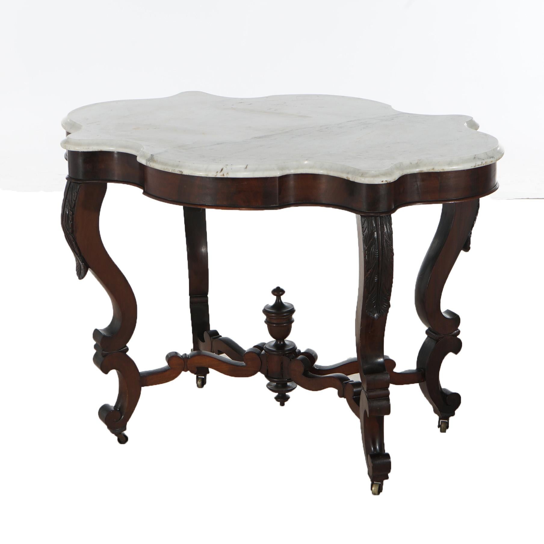 Antique Victorian Foliate Carved Walnut & Beveled Marble Turtle Top Table C1890 In Good Condition In Big Flats, NY