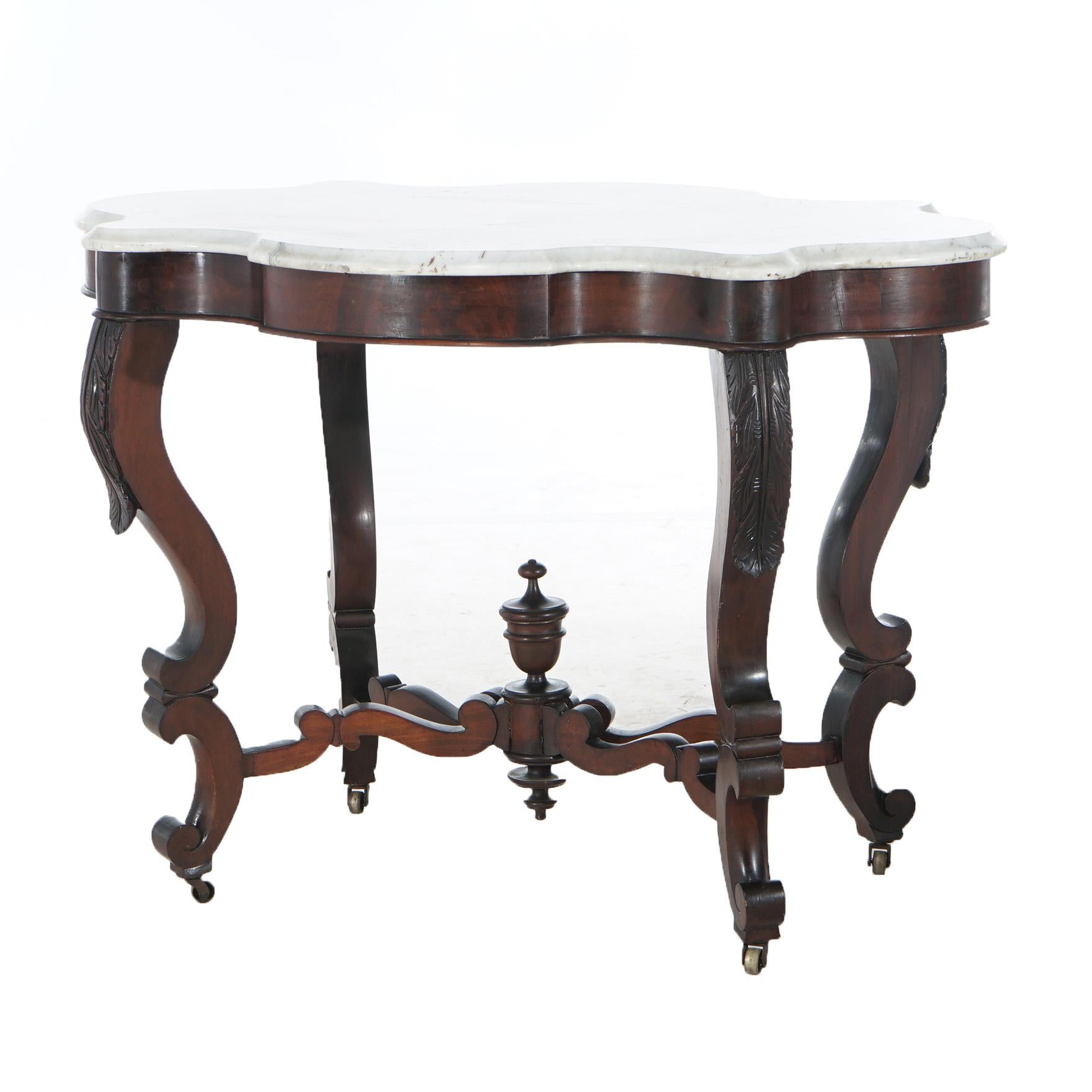 19th Century Antique Victorian Foliate Carved Walnut & Beveled Marble Turtle Top Table C1890
