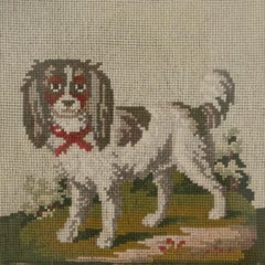 Antique Victorian Folk Art Needlepoint Embroidery Of A Spaniel, 19Th Century