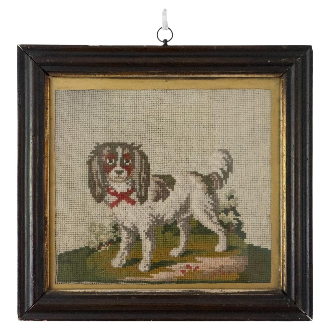 Antique Victorian Folk Art Needlepoint Embroidery Of A Spaniel, 19Th Century