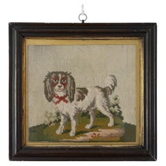 Antique Victorian Folk Art Needlepoint Embroidery Of A Spaniel, 19Th Century