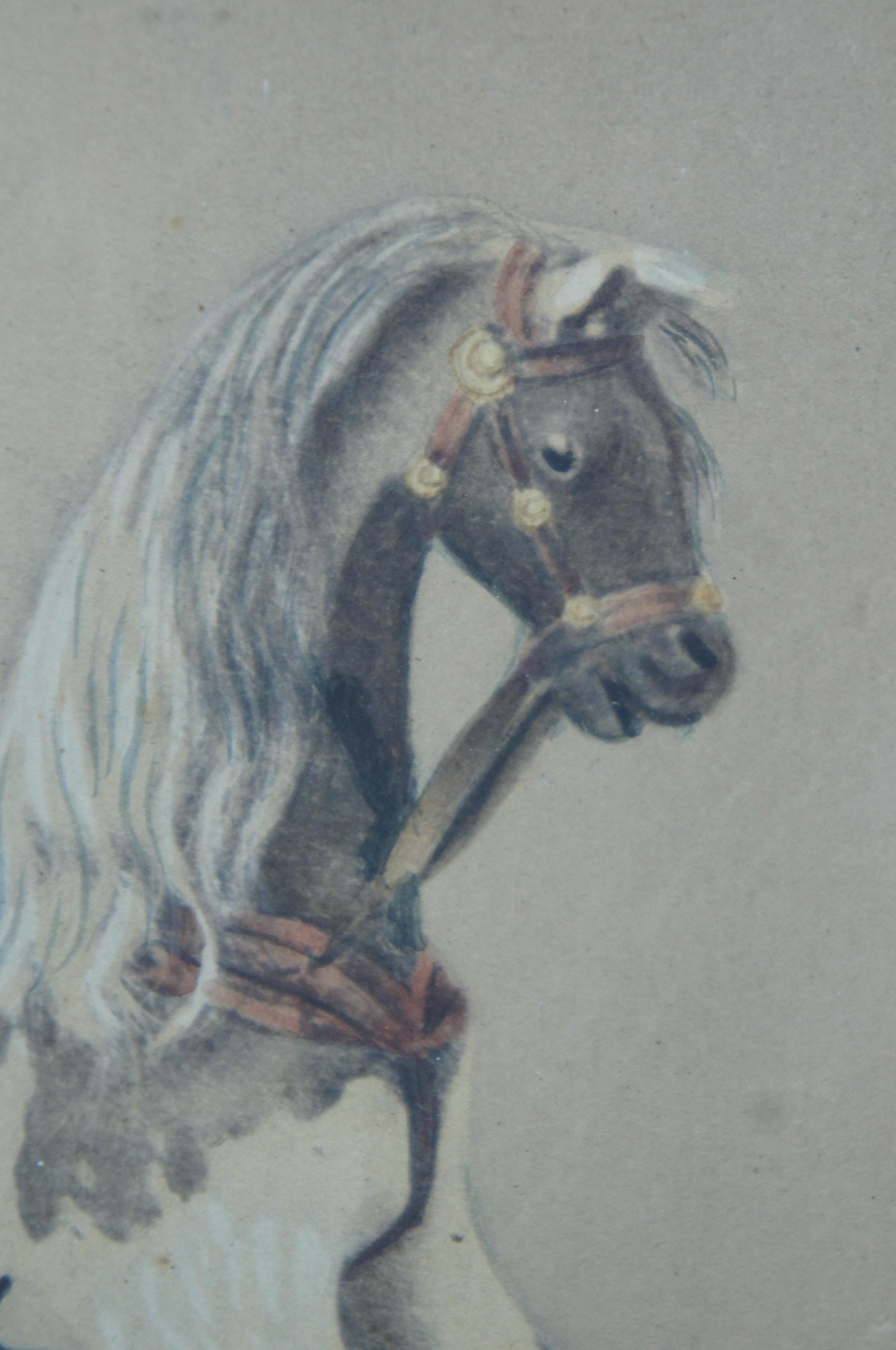Antique Victorian Folk Art Watercolor Portrait Painting Child w Rocking Horse 12 6