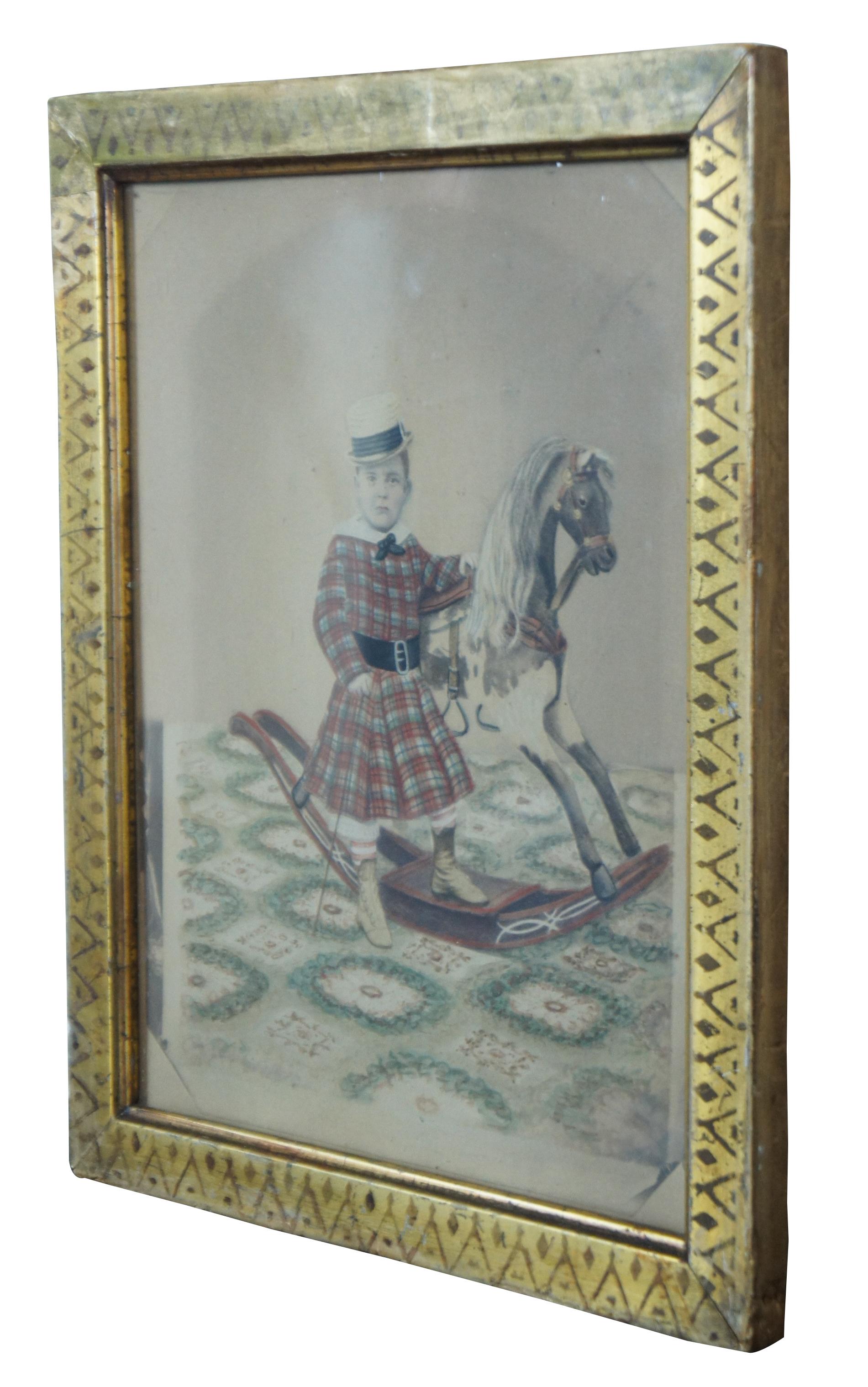 Finely detailed antique Victorian watercolor portrait painting of a young child in a plaid dress and straw hat with cane, standing with a hobby rocking horse.

9.5” x 0.75” x 11.5” / 7.75” x 9.75” (Width x Depth x Height)