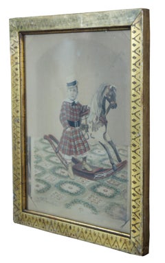 Antique Victorian Folk Art Watercolor Portrait Painting Child w Rocking Horse 12