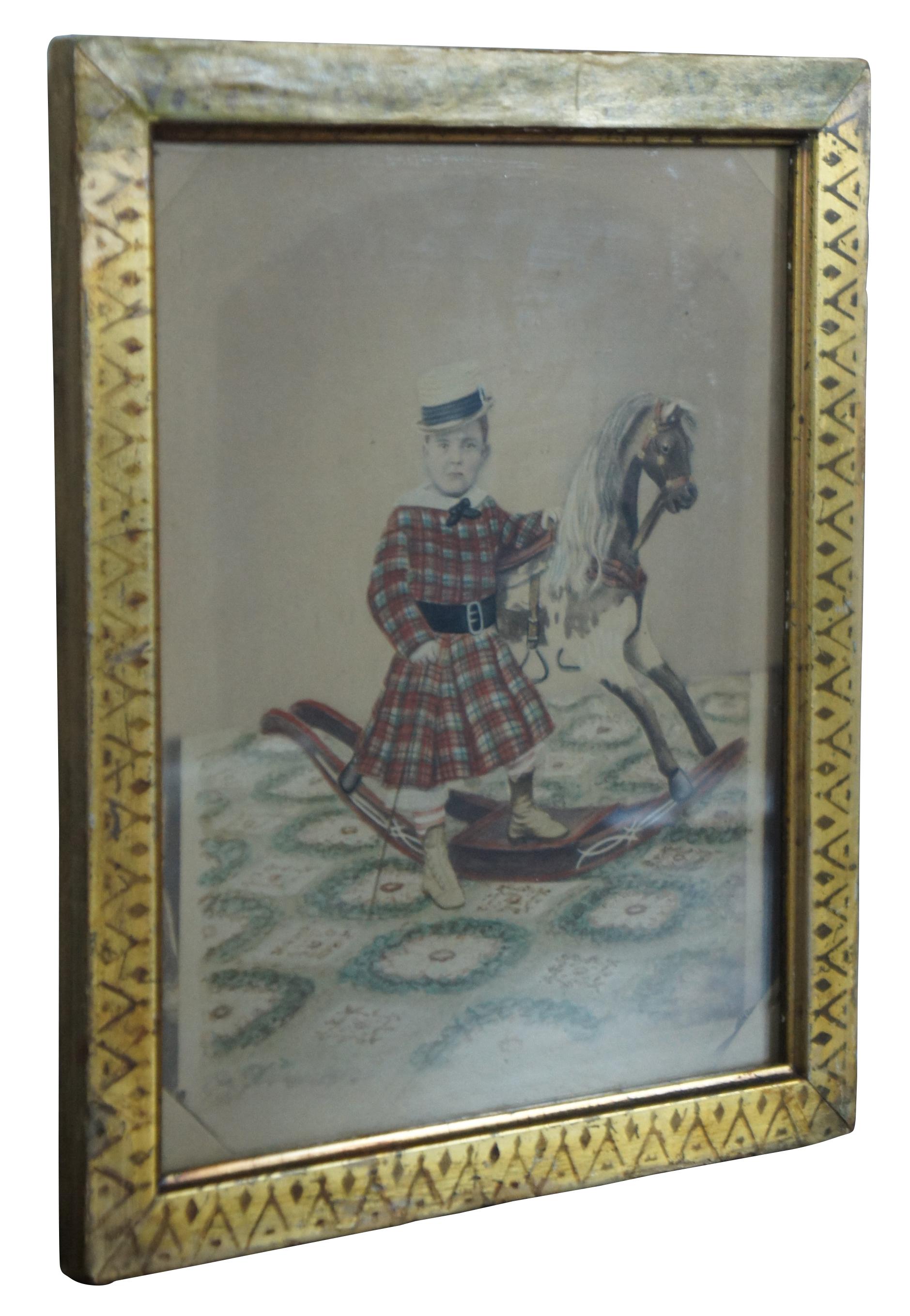 Antique Victorian Folk Art Watercolor Portrait Painting Child w Rocking Horse 12 In Good Condition In Dayton, OH