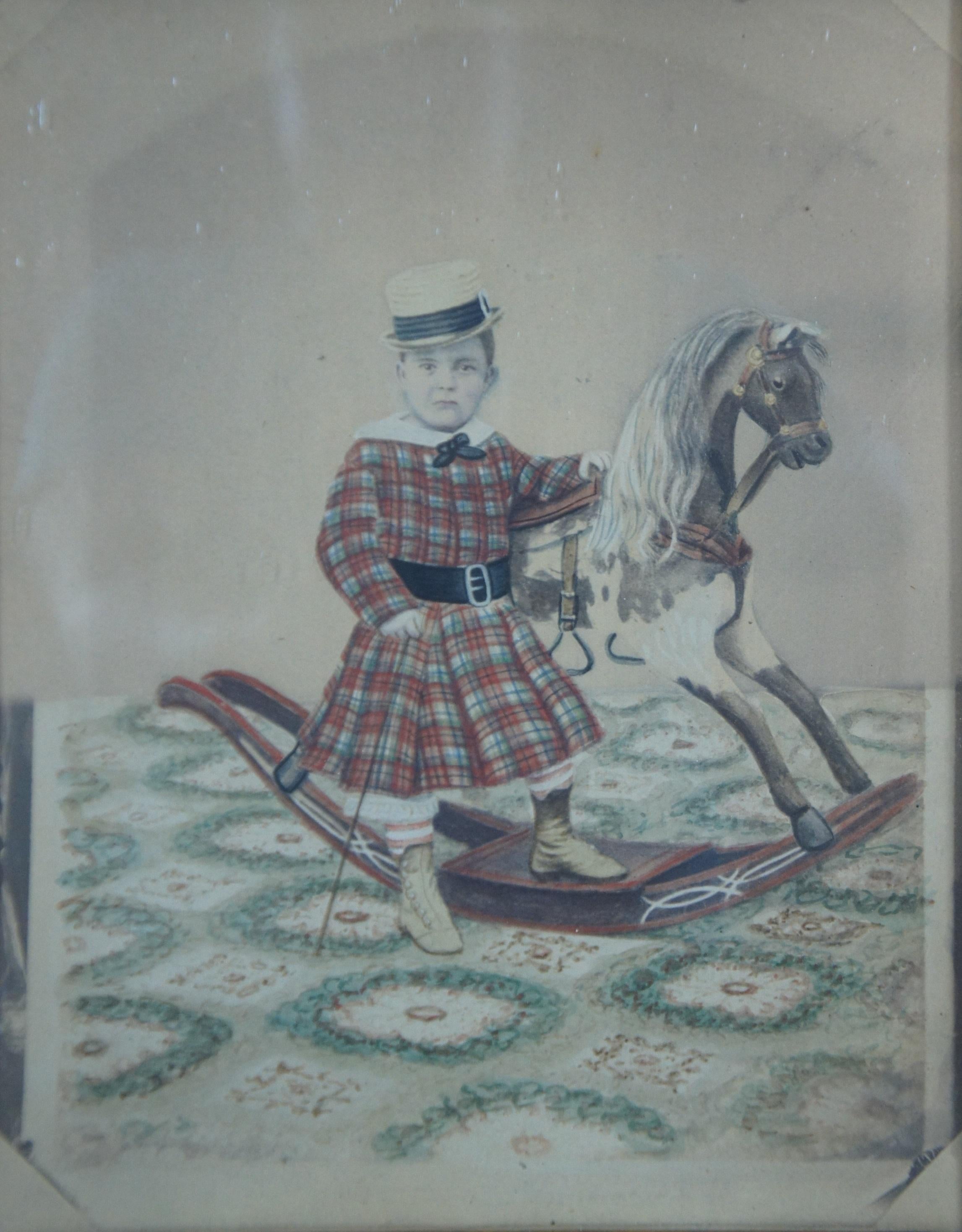 Antique Victorian Folk Art Watercolor Portrait Painting Child w Rocking Horse 12 1