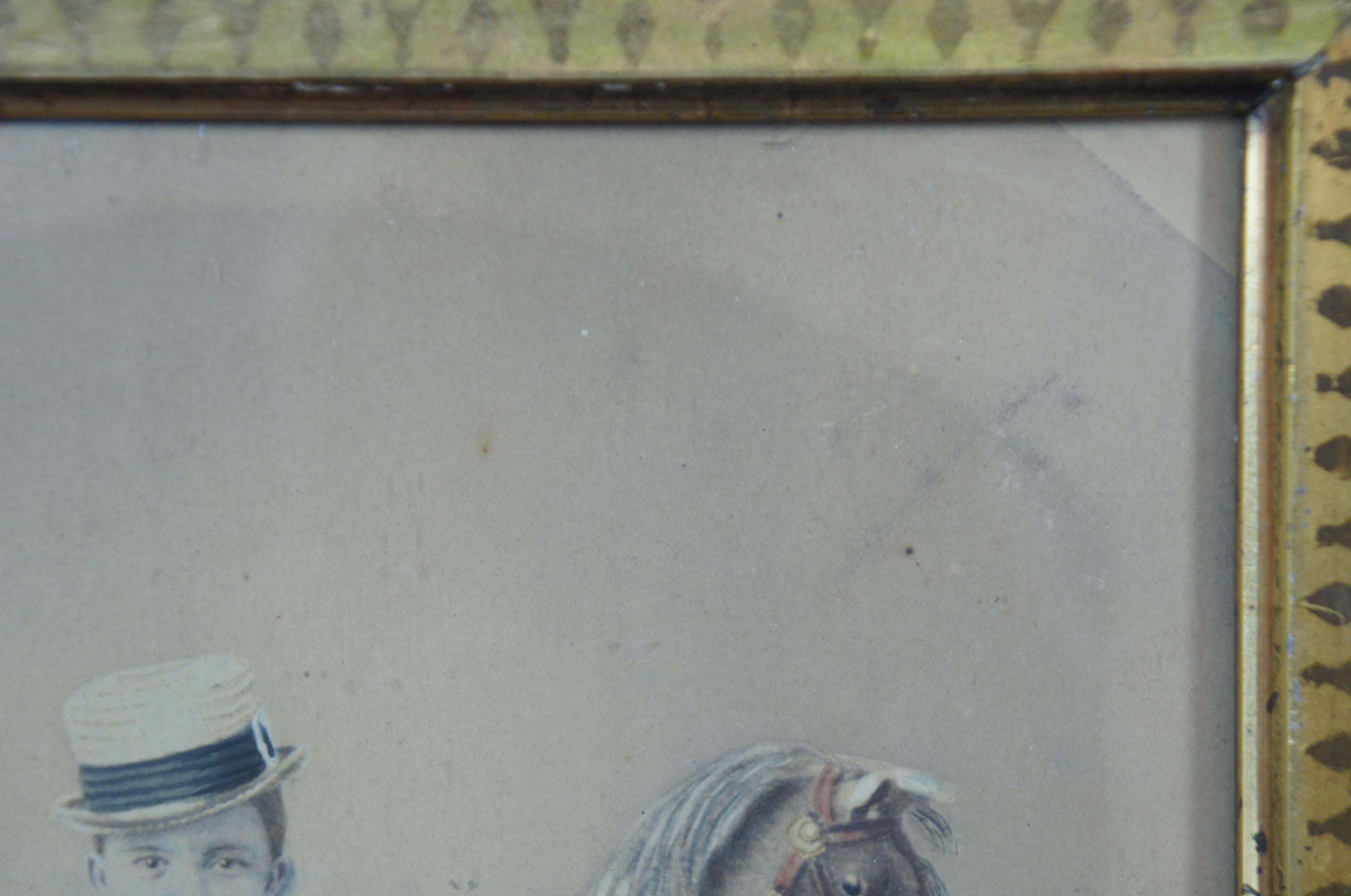 Antique Victorian Folk Art Watercolor Portrait Painting Child w Rocking Horse 12 3