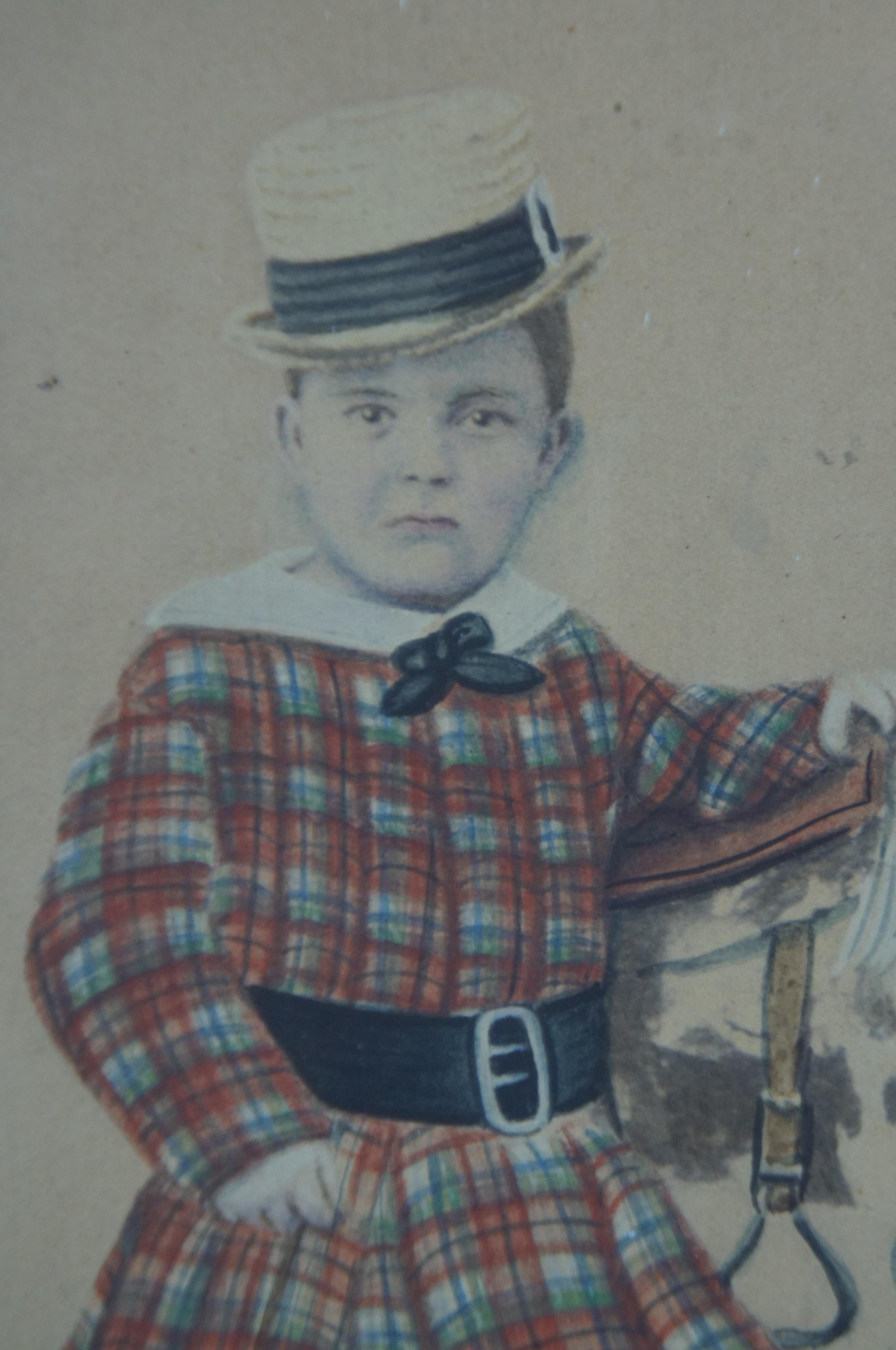 Antique Victorian Folk Art Watercolor Portrait Painting Child w Rocking Horse 12 5