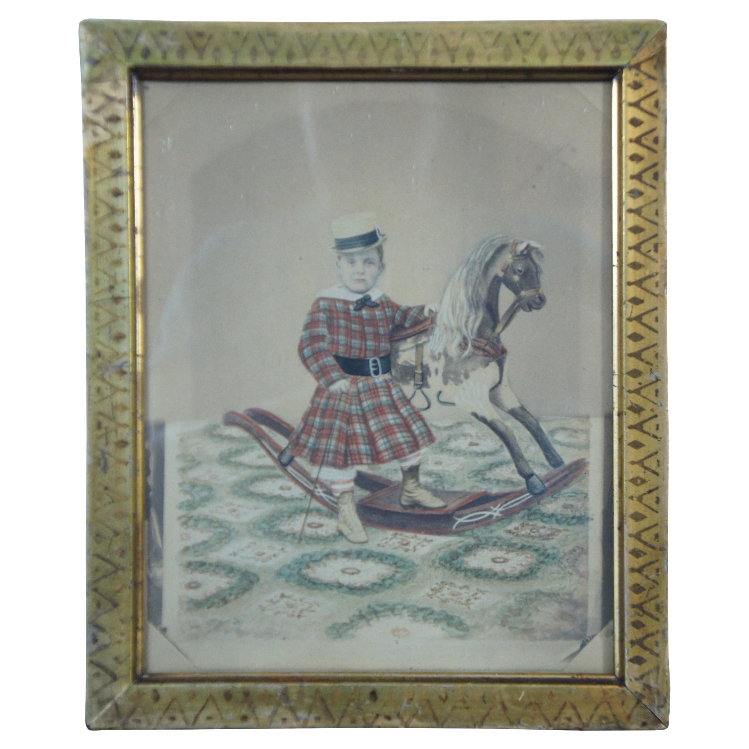 Antique Victorian Folk Art Watercolor Portrait Painting Child w Rocking Horse 12