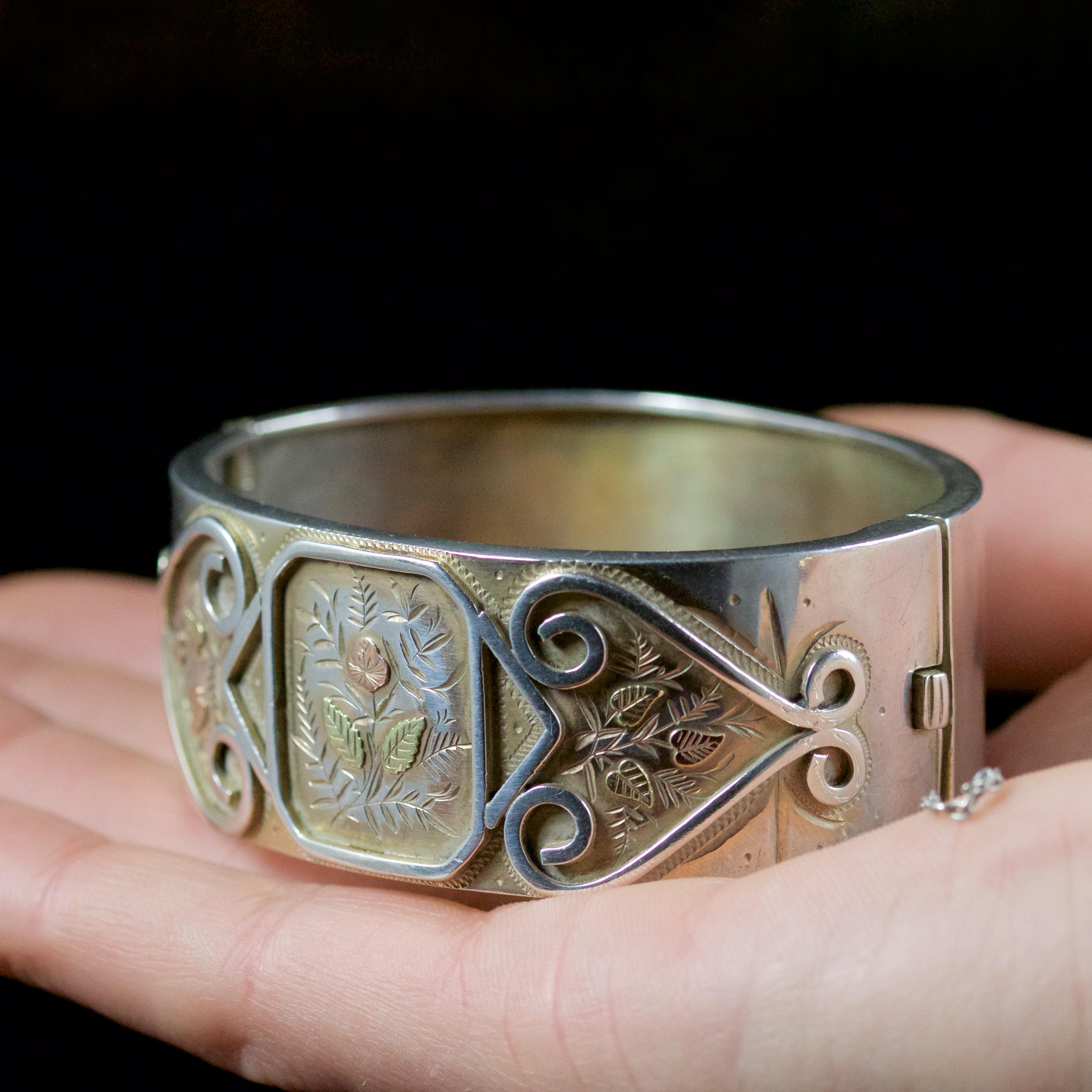 Antique Victorian Forget Me Not Bangle Silver, circa 1880 For Sale 4
