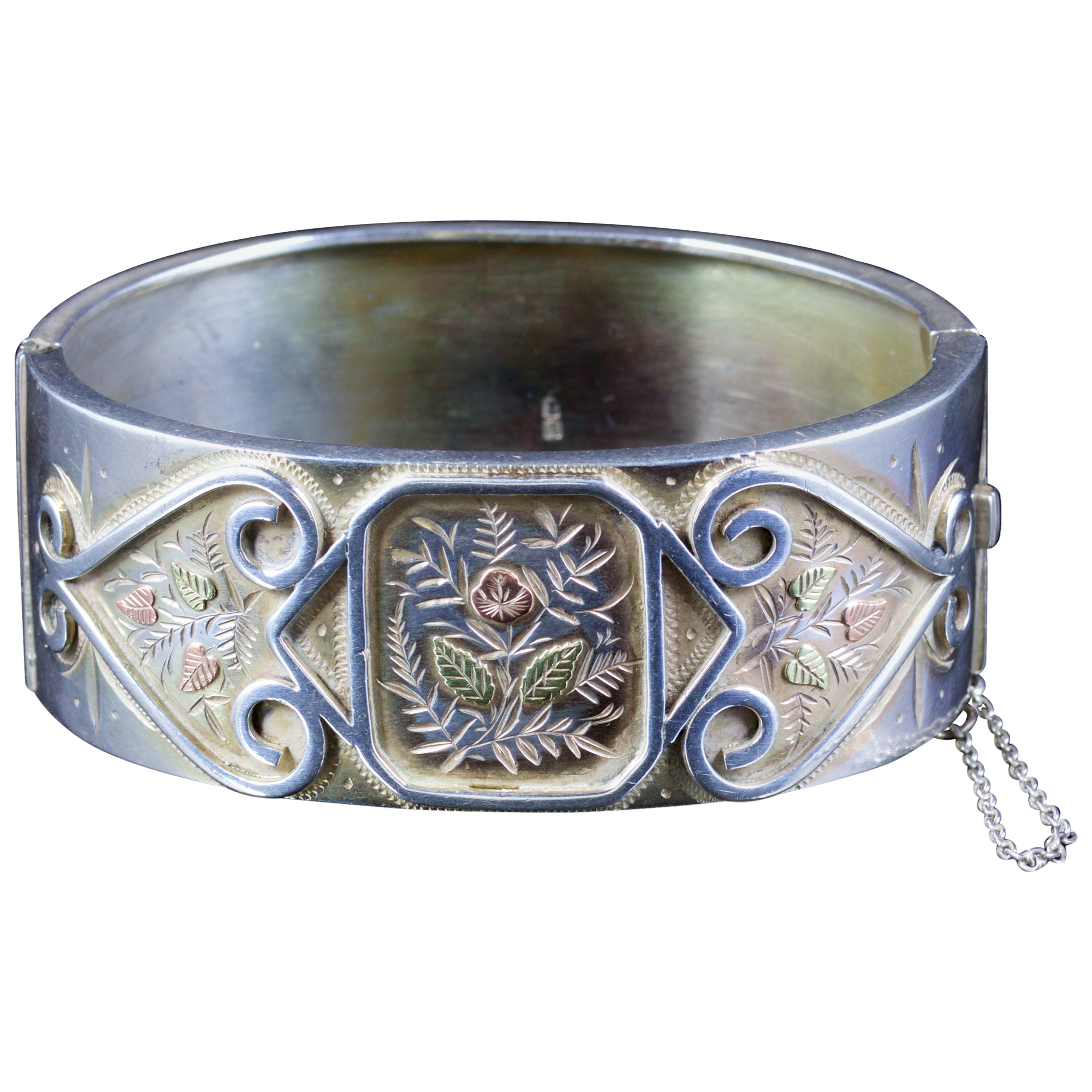 Antique Victorian Forget Me Not Bangle Silver, circa 1880 For Sale