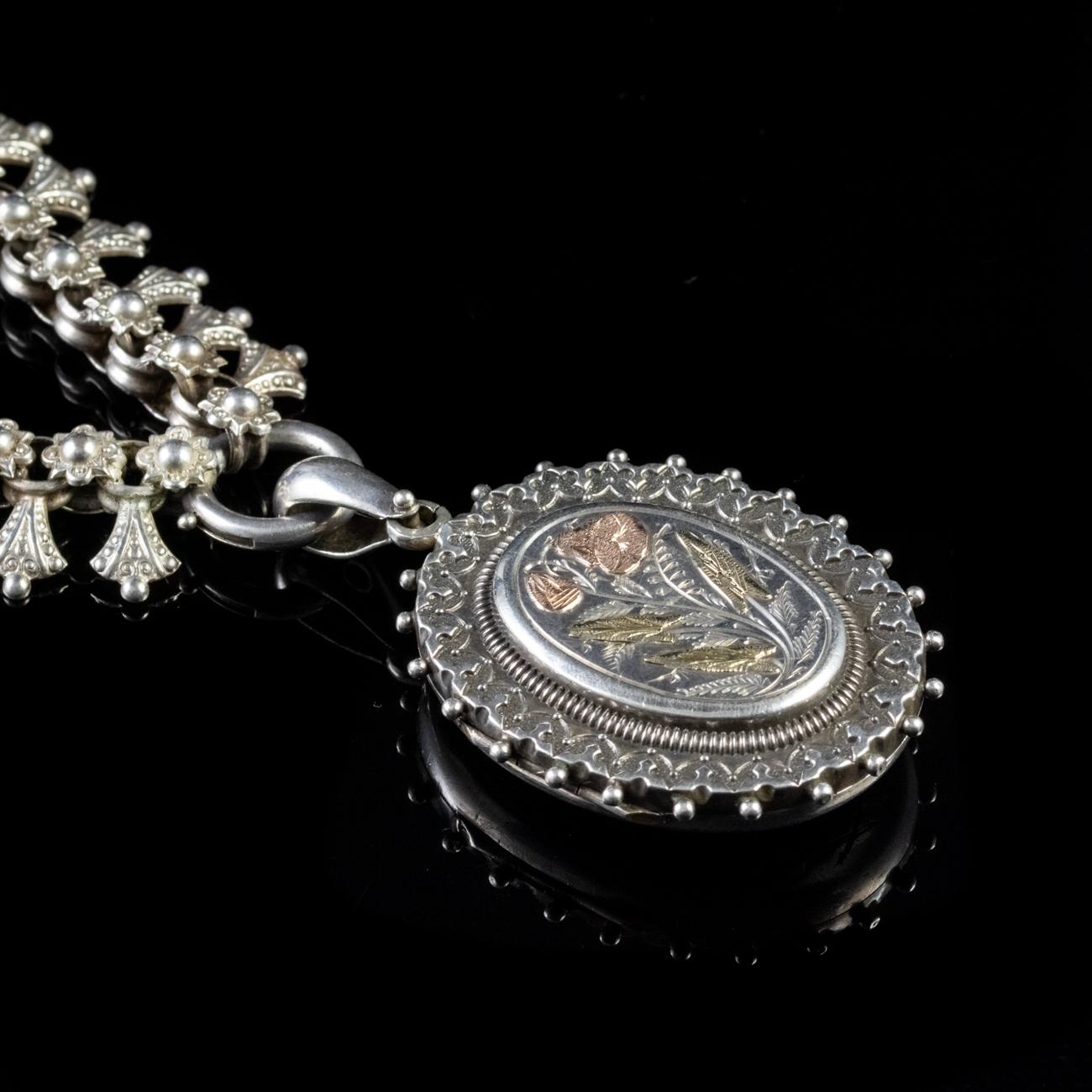 Antique Victorian Forget Me Not Collar Locket 18 Carat Gold Silver Dated 1881 For Sale 1